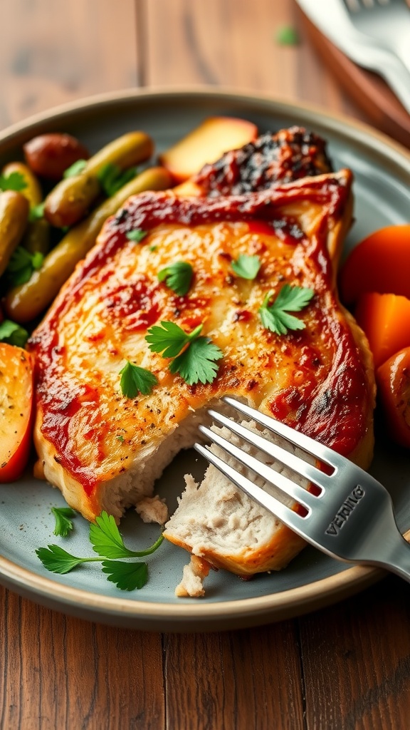 Crispy air fryer pork chop garnished with parsley, served with roasted vegetables on a rustic table.